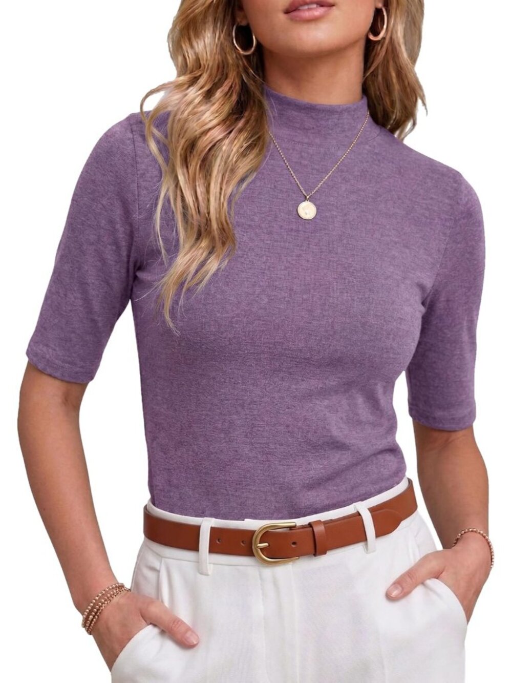 Womens Tops Mock Neck Short Sleeve T Shirts Dressy Casual Ribbed Knit Slim Fit S